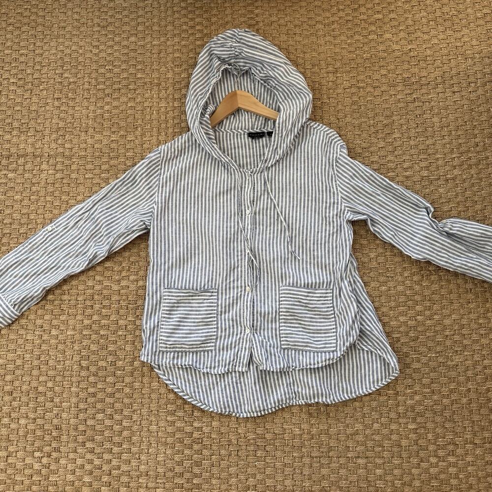 Tahari 100% Linen Tunic Blouse Blue Stripe Women’s Size Medium Has Hood - Picture 7 of 9